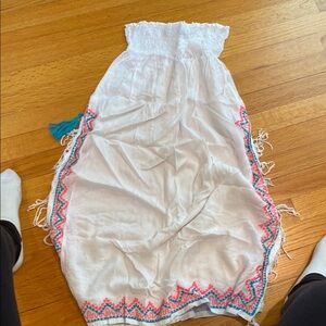 White Strapless Dress with Pink and Blue Accents